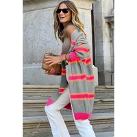 Medium Grey Stripe Printed Ribbed Long Knitted Cardigan - L thumbnail