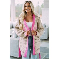Gray Geometric Cable Knit Pocketed Open Front Cardigan - L thumbnail