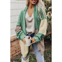 Green Colorblock Draped Open Front Chunky Cardigan - L thumbnail