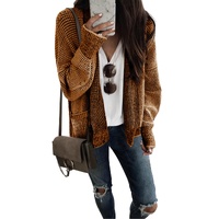 Brown Chunky Waffle Knit Oversized Collar Cardigan - M thumbnail