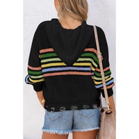 Black Striped Detail Zip Up Hooded Sweater Cardigan - M thumbnail