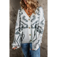 Light Grey Geometric Pattern Ribbed Trim Button-Up Cardigan - L thumbnail