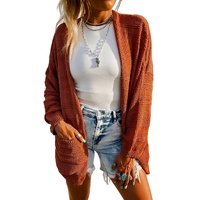 Tomato Red Open Front Textured Knit Cardigan with Pockets - S thumbnail