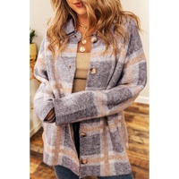 Sky Blue Fuzzy Plaid Collared Button Up Cardigan - M thumbnail