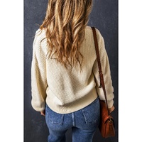 Beige Plain Knitted Buttoned V Neck Cardigan - L thumbnail