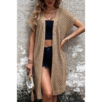 Camel Batwing Sleeve Pointelle Knit Open Front Cardigan - S thumbnail