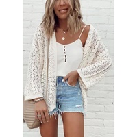 White Stylish Hollow Out Knit Drop Shoulder Cardigan - L thumbnail