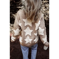 Khaki Sherpa Star Pattern Textured Sweater Cardigan with Pockets - L thumbnail