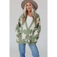 Green Sherpa Star Pattern Textured Sweater Cardigan with Pockets - M thumbnail