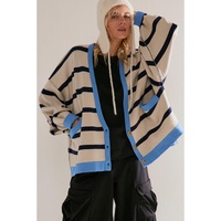 White Colorblock Drop Shoulder Buttoned Loose Cardigan - M thumbnail