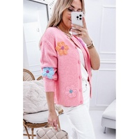 Pink Cute Knitted Floral Pattern Button Up Cardigan - L thumbnail