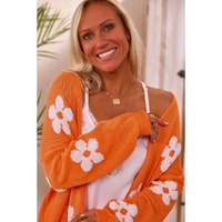 Orange Floral Print Knitted Open Front Loose Cardigan - XL thumbnail