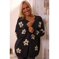 Black Floral Print Knitted Open Front Loose Cardigan - M thumbnail