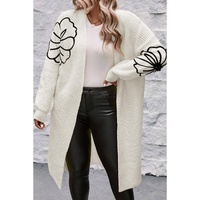 Beige Flower Embroidered Drop Shoulder Open Front Duster Cardigan - L thumbnail