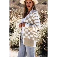 Smoke Gray Gingham Striped Knitted Open Front Cardigan - L thumbnail