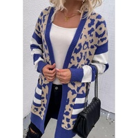 Dark Blue Stripe Sleeve Leopard Print Open Front Cardigan With Pockets - S thumbnail