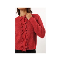 Fiery Red Ribbed Knit Bow Front Buttoned Cardigan - XL thumbnail