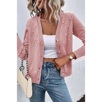 Sepia Rose Textured Knit Pearl Beaded Button Up Cardigan - L thumbnail
