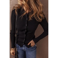 Black Ribbed Knit Collared Slim Fit Sweater Cardigan - M thumbnail