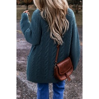 Peacock Blue Cable Knit Button Front Pocketed Baggy Cardigan - M thumbnail