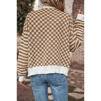 Brown Checkered Striped Patched Buttoned V Neck Cardigan - L thumbnail