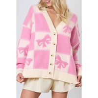 Pink Bowknot Checkered Pattern V Neck Drop Shoulder Button Up Cardigan - L thumbnail