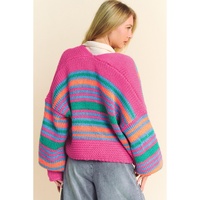 Rose Stripe Colorful Puff Sleeve Drop Shoulder Loose Cardigan - S thumbnail