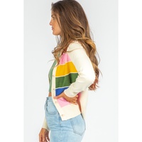 White Stripe Colorful Pattern Button Front Sweater Cardigan - XL thumbnail