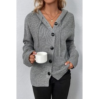 Medium Grey Drawstring Hooded Button Up Drop Shoulder Sweater Cardigan - S thumbnail