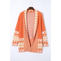 Orange Printed Aztec Print Open Front Knitted Cardigan - L thumbnail