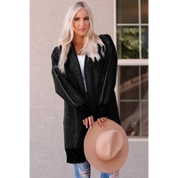 Black Plaid Knitted Long Open Front Cardigan - M thumbnail