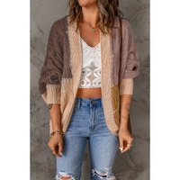 Brown Color Block Loose Open Front Knitted Cardigan - L thumbnail
