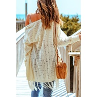 Beige Tasseled Hollow-out Cable Knit Cardigan - One Size thumbnail