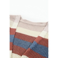 Blue Striped Color Block Hollowed Knit Cardigan - XL thumbnail