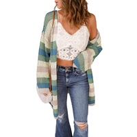 Green Striped Color Block Hollowed Knit Cardigan - M thumbnail