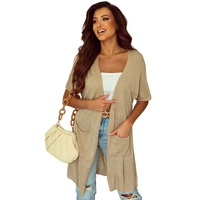 Khaki Dolman Half Sleeve Pocketed Long Cardigan - S thumbnail