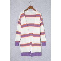 Azura Exchange Beige Striped Long Sleeve Ribbed Trim Button Cardigan - L thumbnail