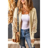 Apricot Crochet Lace Sleeve Ribbed Knit Cardigan - S thumbnail