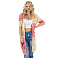 Azura Exchange Pink Ribbed Short Sleeve Ombre Eyelet Knitted Cardigan - L thumbnail