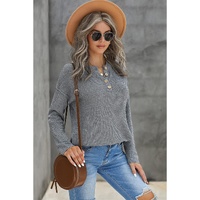 Gray Henley Pullover Drop Shoulder Sweater with Slits - S thumbnail