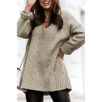 Gray V neck Drop Shoulder Knitted Sweater - S thumbnail