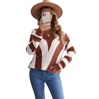 Brown Striped Colorblock V Neck Knitted Sweater - S thumbnail