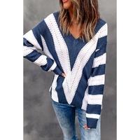 Blue Striped Colorblock V Neck Knitted Sweater - S thumbnail
