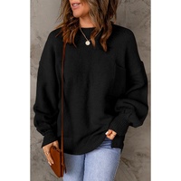 Black Solid Color Puffy Sleeve Pocketed Sweater - M thumbnail