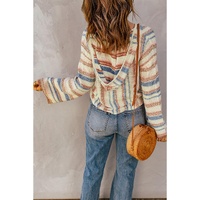 Multicolor Striped Knit Kangaroo Pocket Hooded Sweater - L thumbnail