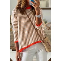 Brown Contrast Trimmed Striped Drop Shoulder Sweater - M thumbnail