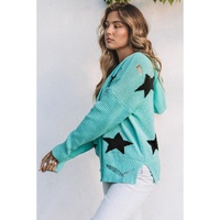 Green V Neck Star Pattern Hooded Sweater with Slits - L thumbnail