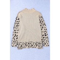 Khaki Leopard High Neck Side Slit Oversized Sweater - S thumbnail