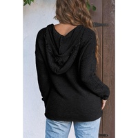 Black V Neck Ribbed Drop Shoulder Hooded Sweater - M thumbnail