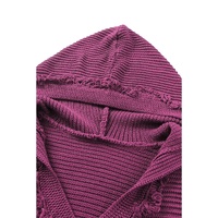 V Neck Ribbed Drop Shoulder Hooded Sweater - L thumbnail